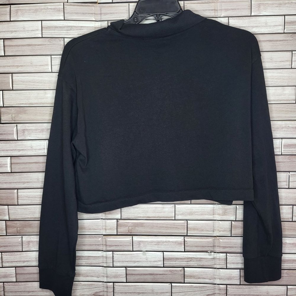 Zara Cropped Polo Women's Size Large Shirt Black Collared Blouse Long Sleeve Top - Picture 5 of 14